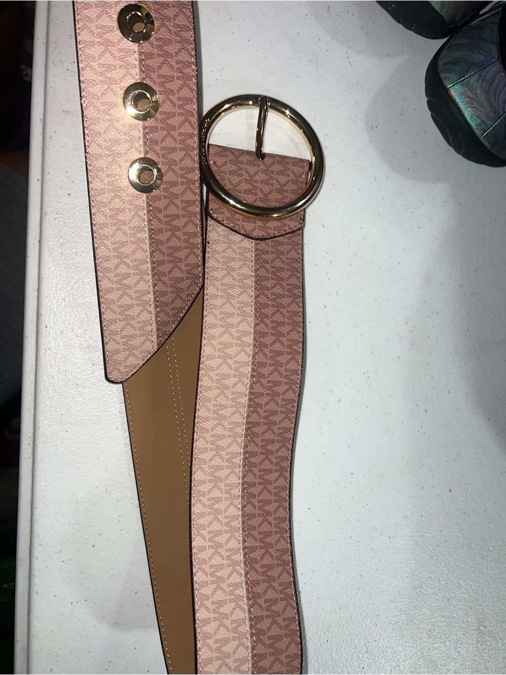 Michael Kors two tone Blush Logo-Print Wide Belt with Gold Ring Buckle